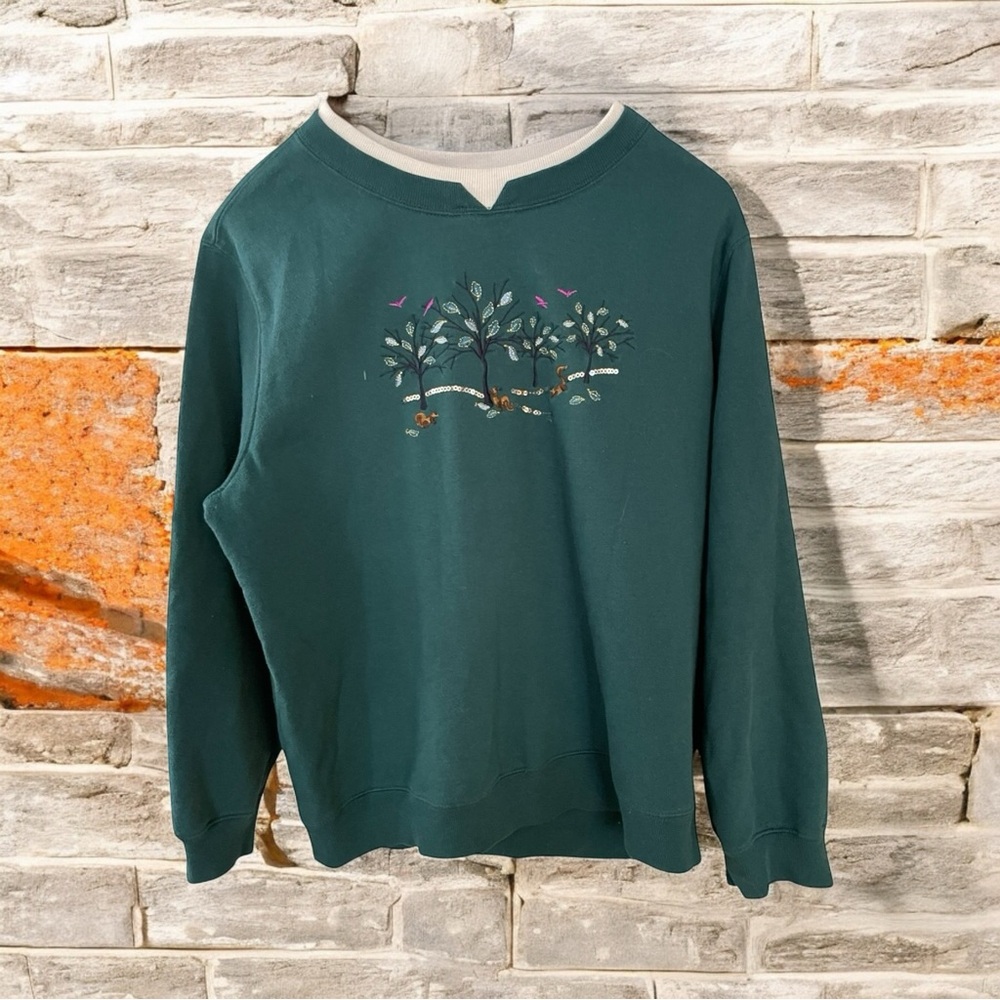 Vintage Tradition Sweatshirt Green Floral Embroidery Layered Mock Neck Womens L